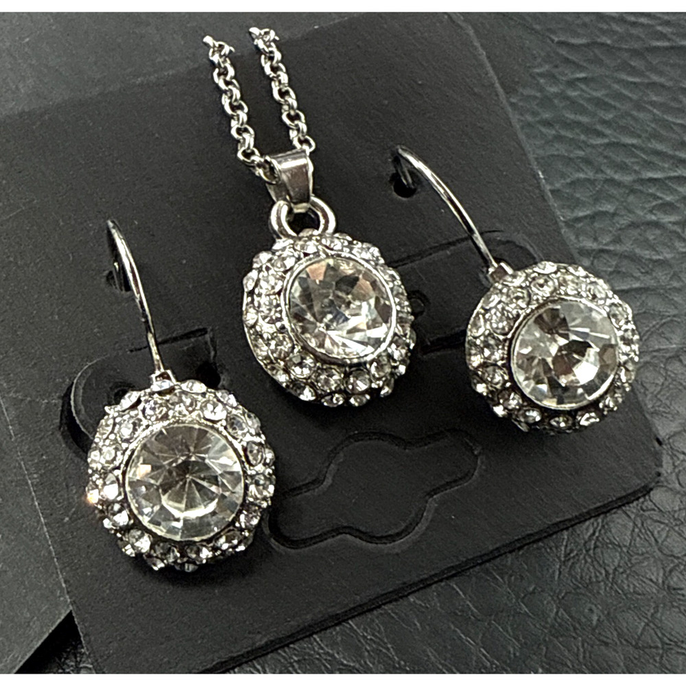 Rhinestone Necklace Earrings Set Clear Pave Crystal Rounds Silver Tone‎ 18" READ